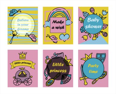 Vector Illustration Elle Çizilmiş Sketchy Peri Masalı Prenses Sancakları Crown Doodle Tasarım Kartları Vektör Resimleri. Davet, reklam, kitap için tırmanışlar