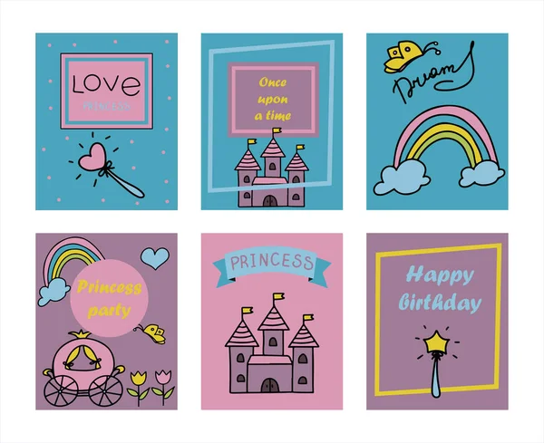 Vector Illustration Handgezeichnete Sketchy Fairy Tale Princess Banner Tiara Crown Doodle Design Cards Set Vector Illustration. Cliparts für Einladung, Anzeige, Buch — Stockvektor
