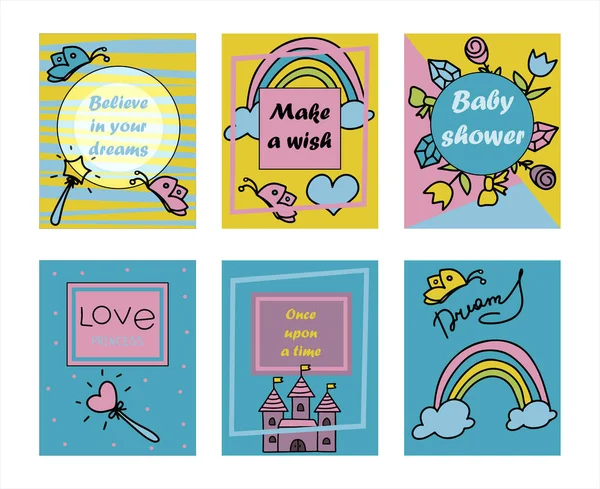 Vector Illustration Elle Çizilmiş Sketchy Peri Masalı Prenses Sancakları Crown Doodle Tasarım Kartları Vektör Resimleri. Davet, reklam, kitap için tırmanışlar