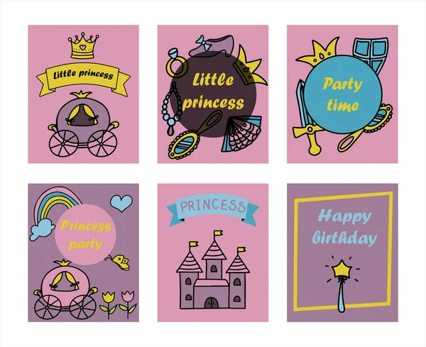 Vector Illustration Elle Çizilmiş Sketchy Peri Masalı Prenses Sancakları Crown Doodle Tasarım Kartları Vektör Resimleri. Davet, reklam, kitap için tırmanışlar