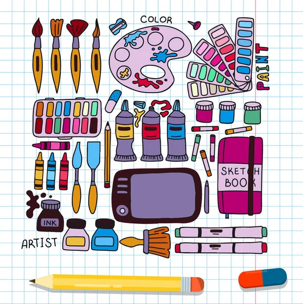 Skizze von Vektor-Kunstwerkzeugen. setzt handgezeichnete Vektor-Künstler-Vorräte. Doodle Grafik-Tablet, Marker und Farben. Künstlerischer Hintergrund — Stockvektor
