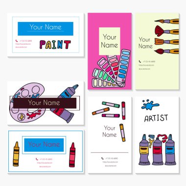 Vektör karalama sanat kartları. Elle çizilmiş vektör sanatçılarının malzemelerini ayarla. Grafik karalama tableti, kalemler ve boyalar. Sanat geçmişi. Çizim reklamları