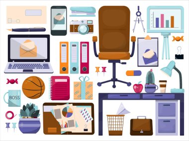 Renkli düz vektör ofis aksesuarları. Çizgi film simgeleriyle dolu büyük bir set. Modern şablonlar eklentiler, kartvizitler, afişler, uygulamalar için tırmanıyor