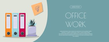 Ofis için düz vektör afişi şablonu, iş çözümleri, başlangıç, zaman yönetimi, planlama ve strateji. Web sitesi, ofis işi, serbest çalışma, mesafe çalışması için modern karikatür illüstrasyonları