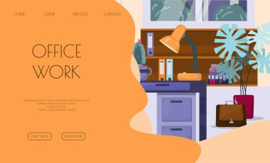 Ofis için düz vektör afişi şablonu, iş çözümleri, başlangıç, zaman yönetimi, planlama ve strateji. Web sitesi, ofis işi, serbest çalışma, mesafe çalışması için modern karikatür illüstrasyonları