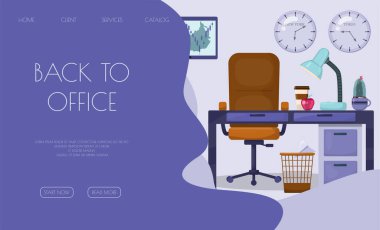 Ofis için düz vektör afişi şablonu, iş çözümleri, başlangıç, zaman yönetimi, planlama ve strateji. Web sitesi, ofis işi, serbest çalışma, mesafe çalışması için modern karikatür illüstrasyonları