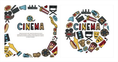 Sinema, TV şovları, seriler ve filmler Funny Doodle Vector seti. Elle çizilmiş renkli çizimler. Podcast, ödüller ve radyo için ayarlandı. Arkaplan