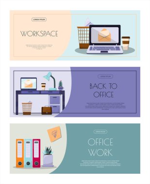 Ofis için düz vektör afişi şablonu, iş çözümleri, başlangıç, zaman yönetimi, planlama ve strateji. Web sitesi, ofis işi, serbest çalışma, mesafe çalışması için modern karikatür illüstrasyonları