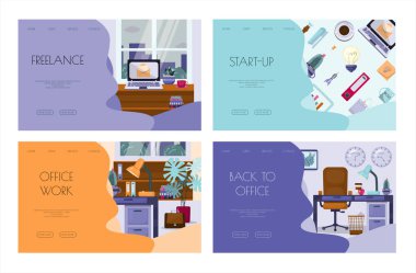 Ofis için düz vektör afişi şablonu, iş çözümleri, başlangıç, zaman yönetimi, planlama ve strateji. Web sitesi, ofis işi, serbest çalışma, mesafe çalışması için modern karikatür illüstrasyonları
