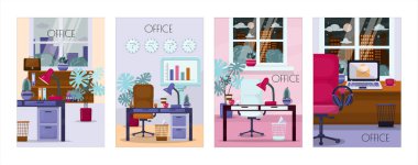 Ofis için düz vektör afişi şablonu, iş çözümleri, başlangıç, zaman yönetimi, planlama ve strateji. Web sitesi, ofis işi, serbest çalışma, mesafe çalışması için modern karikatür illüstrasyonları