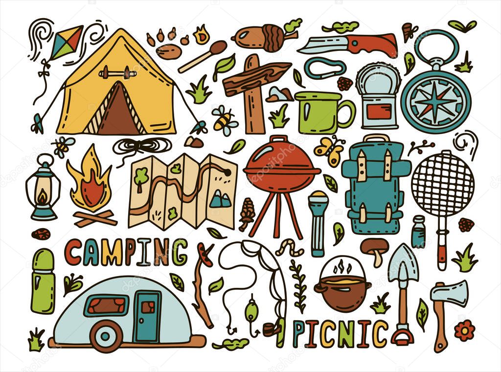 Big Doodle vector camping set. Sketch hiking Icons.Hand draw illustration for summer picnic in nature. Camping equipment