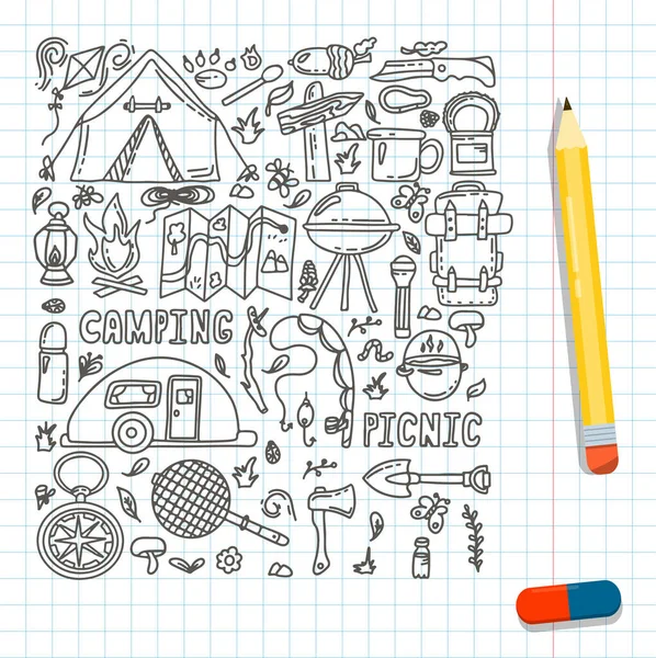 Ensemble de camping vectoriel Big Doodle. Esquisse randonnée Icône.Illustration dessinée à la main pour pique-nique d'été dans la nature. Matériel de camping — Image vectorielle