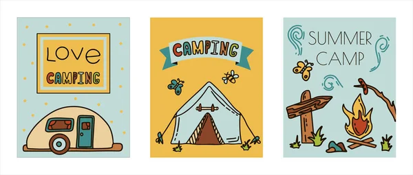 ドッドルベクターキャンプのバナーセット。スケッチハイキングアイコン自然の中で夏のピクニックのための手描きイラスト。キャンプ用具 — ストックベクタ