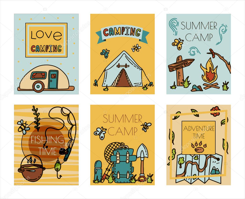 Doodle vector camping bannersset. Sketch hiking Icons.Hand draw illustration for summer picnic in nature. Camping equipment