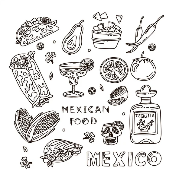 メキシコ料理ベクトル・ドードル・フードセット。国民の辛い食べ物、ファーストフード、軽食。レストラン、メニュー、カフェのスケッチイラスト。フィエスタ・メキシコ — ストックベクタ