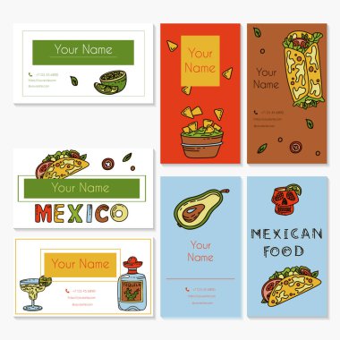 Meksika mutfağı, vektör karalama yemek kartları. Ulusal baharatlı yemekler, fast food, aperatifler. Restoran, menü, kafe için çizim. Fiesta mexicana