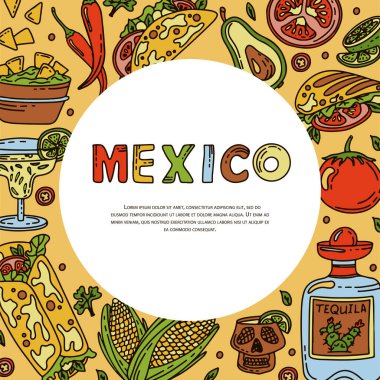 Meksika mutfağı, vektör karalama yemek afişi. Ulusal baharatlı yemekler, fast food, aperatifler. Restoran, menü, kafe için çizim. Fiesta mexicana