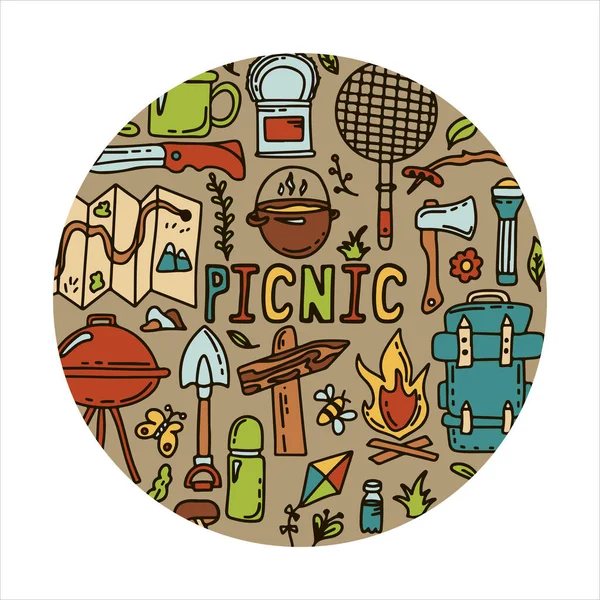 Doodle vector camping camping. Schets wandelen Icons.Hand tekening illustratie voor de zomer picknick in de natuur. Kampeeruitrusting — Stockvector