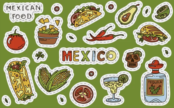 Cozinha mexicana, conjunto de comida vectorial. Comida picante nacional, fast food, lanches. Desenho ilustração para restaurante, menu, café. Fiesta mexicana —  Vetores de Stock