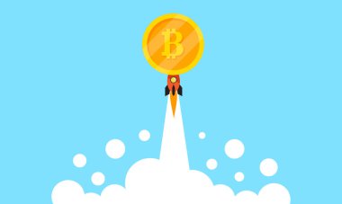 Bitcoin sikkeleri ve roketler havada süzülür, bitcoin madenciliği, dijital para Kripto para yatırımı fikirleri