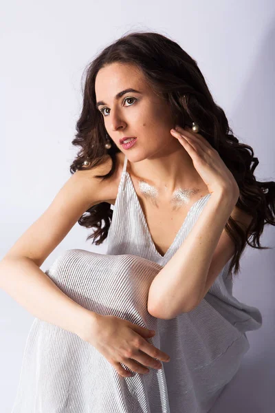 Portrait Beautiful Woman Sitting Floor Dress Isolated White Background — Stockfoto