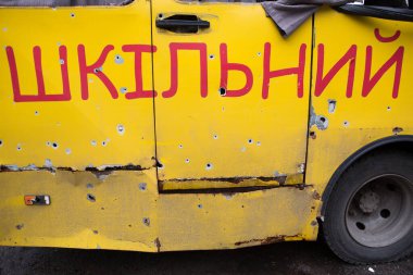 MAKARIV, Kyiv REGION - APRIL 27, 2022: school bus marked 
