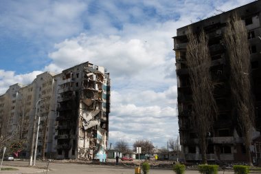 Borodyanka, Kyiv REGION - APRIL 27, 2022: residential civilian houses destroyed by air bombs. War between Russia and Ukraine, April 27, 2022