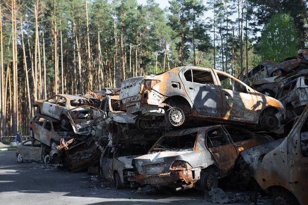 Irpen Kyiv Region May 2022 Broken Burned Ukrainian Civilian Cars — 图库照片