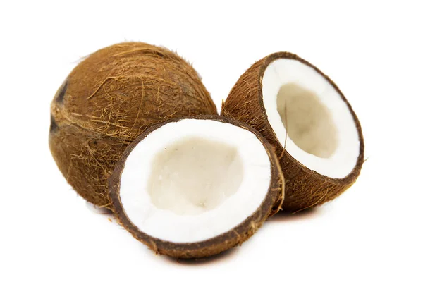 Two Coconut One Which Split Isolated White Background Clipping Path — Stockfoto