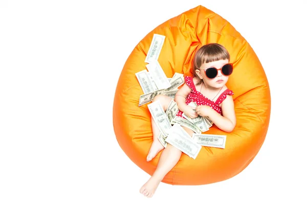 Little Child Girl Sitting Chair Counts Money Isolated White Background — 图库照片