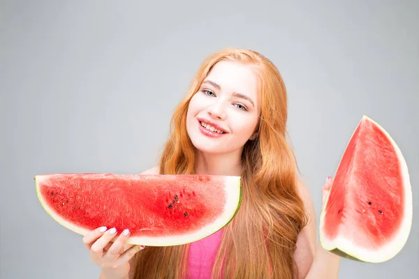 Happy Young Woman Eating Watermelon Isolated Gray Background Stockbild