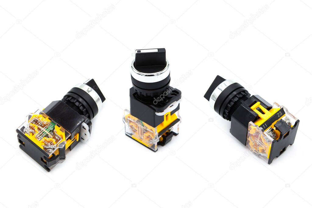 Rotary switch with latching isolated on white background. Three perspectives.