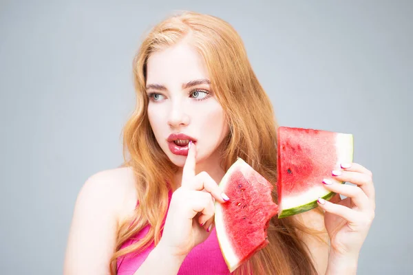 Funny Young Woman Eating Watermelon Isolated Gray Background Healthy Eating — Stok fotoğraf