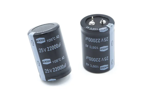 Electrolytic Capacitor Isolated White Background Two Perspectives — Φωτογραφία Αρχείου