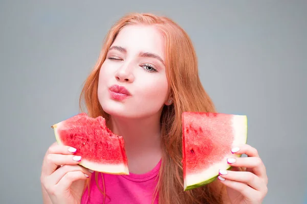 Happy Young Beautiful Woman Eating Watermelon Isolated Gray Background Healthy — 스톡 사진