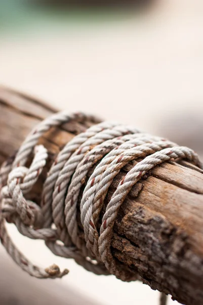 Мотузки прив'язані до дерев'яного стовпа — стокове фото