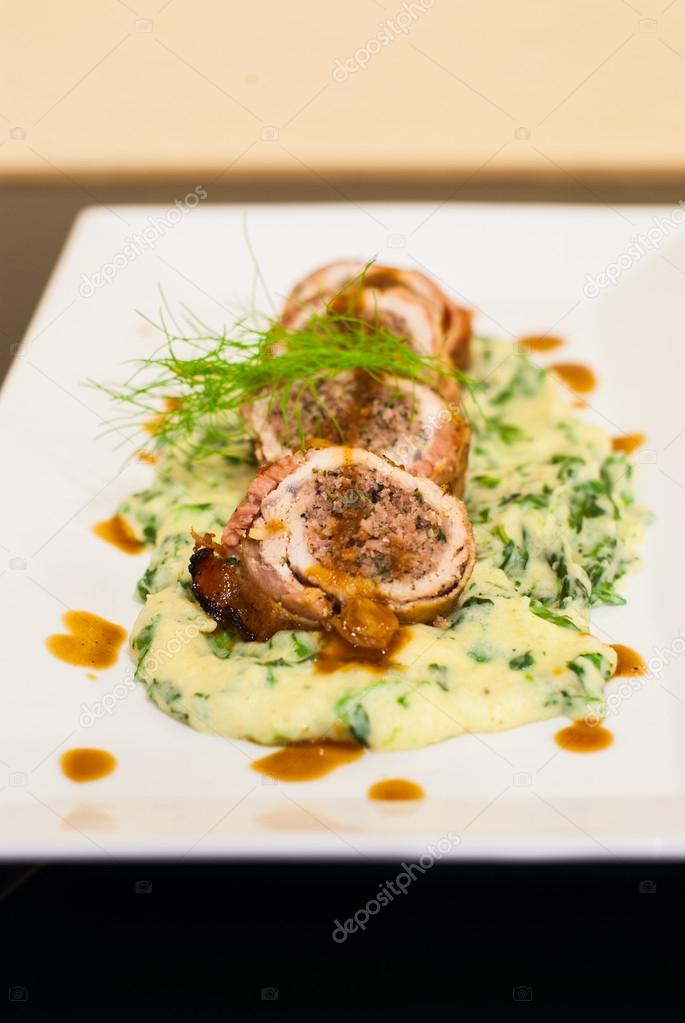 Bacon wrap pork stuff with seafood spinach mashed potato