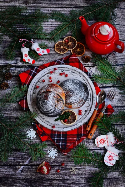 Vertical Christmas Composition Homemade Cakes Chocolate Christmas Decorations Teapot Fir — Stock Photo, Image