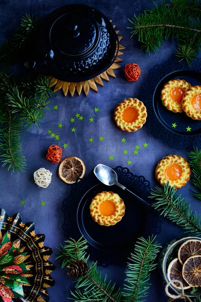 Vertical New Year Layout Cookies Orange Jam Filling Teapot Fir — Stock Photo, Image