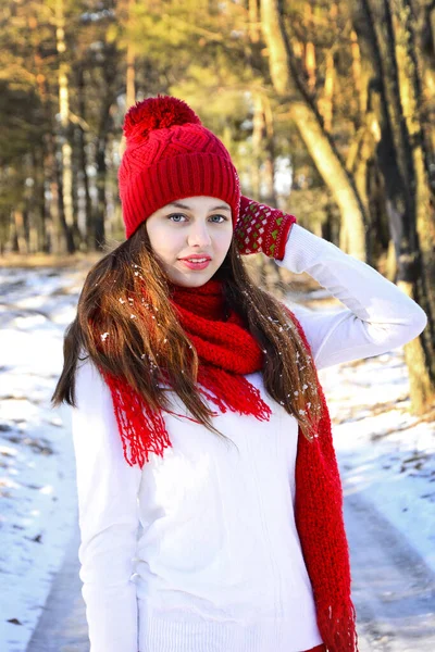 Kış Parkının Arka Planında Kırmızı Şapkalı Eşarplı Neşeli Bir Kızın — Stok fotoğraf