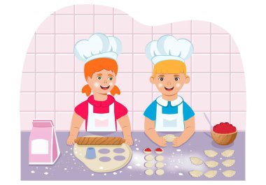 Çocuklar geleneksel hamur kalıbını çıkarırlar. Böğürtlenli börek. Mutfak. Yemek pişirmek. Hobiler. Ev işi. Eğitim. Karikatür. Vektör. Düz biçim.