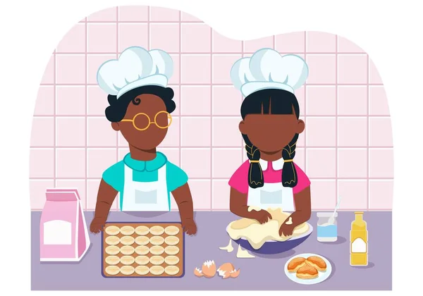 Niños Étnicos Haciendo Galletas Juntos Cocina Concepto Aprendizaje Comunicación Aficiones — Archivo Imágenes Vectoriales