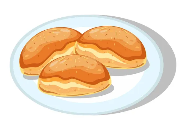 皿の上で焼きなさい パンの産物だ 早めの食事 朝食だ メニュー ウェブデザインのための図面 漫画のフラットイラスト 接近中だ ベクトル — ストックベクタ