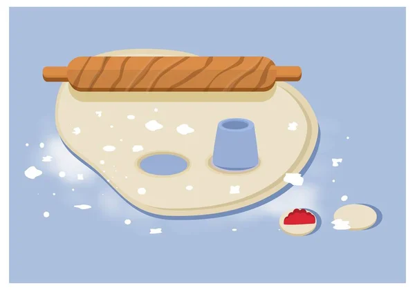 生の生地をテーブルの上に転がしました 料理の生産 カラフルな背景 ウェブデザインのためのコラージュ 漫画のフラットイラスト 接近中だ クッキー 餃子を作るための製品 料理製品ベクトル — ストックベクタ