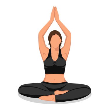 Bir kızla yoga. Yüzsüz karakter yoga yapıyor. Pratik, dersler, online öğrenme, iş, ev. Grafikler. Vektör. Web tasarımında kolaj için kullanılabilir