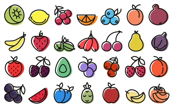 Meyve ve meyvelerden oluşan doğrusal bir koleksiyon. Düz stil. Karalama. Vektör. Yemek takımı. Kolaj için, etiket olarak, web tasarımı için simge olarak kullanılabilir.