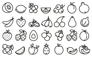 Meyve ve böğürtlenlerin doğrusal simgeleri. Ağaçların ve çalıların meyveleri. Elma, armut, avokado, üzüm, incir, ananas, muz ve diğer türler. Vektör. Contour grafikleri. 