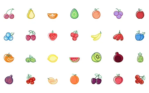 Egy Sor Lineáris Ikonok Gyümölcsök Bogyók Fák Bokrok Gyümölcse Színesben — Stock Vector