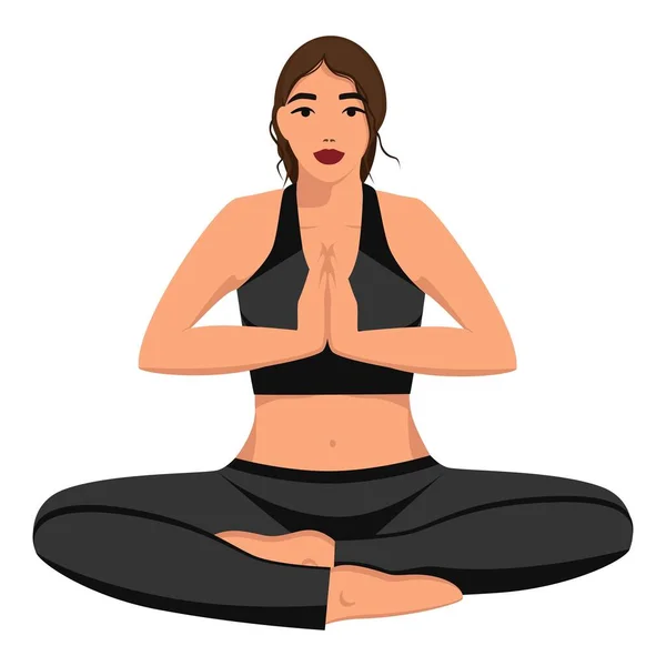 Lotus pozu veren Yogi kızı. Vektör çizimi. Grafiksel düz stil. Yakın plan. Web tasarımı için