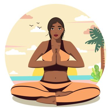 Doğada yoga. Banner, doğada meditasyon yapan bir kız. Grafikler. Vektör. Çizgi film düz stili